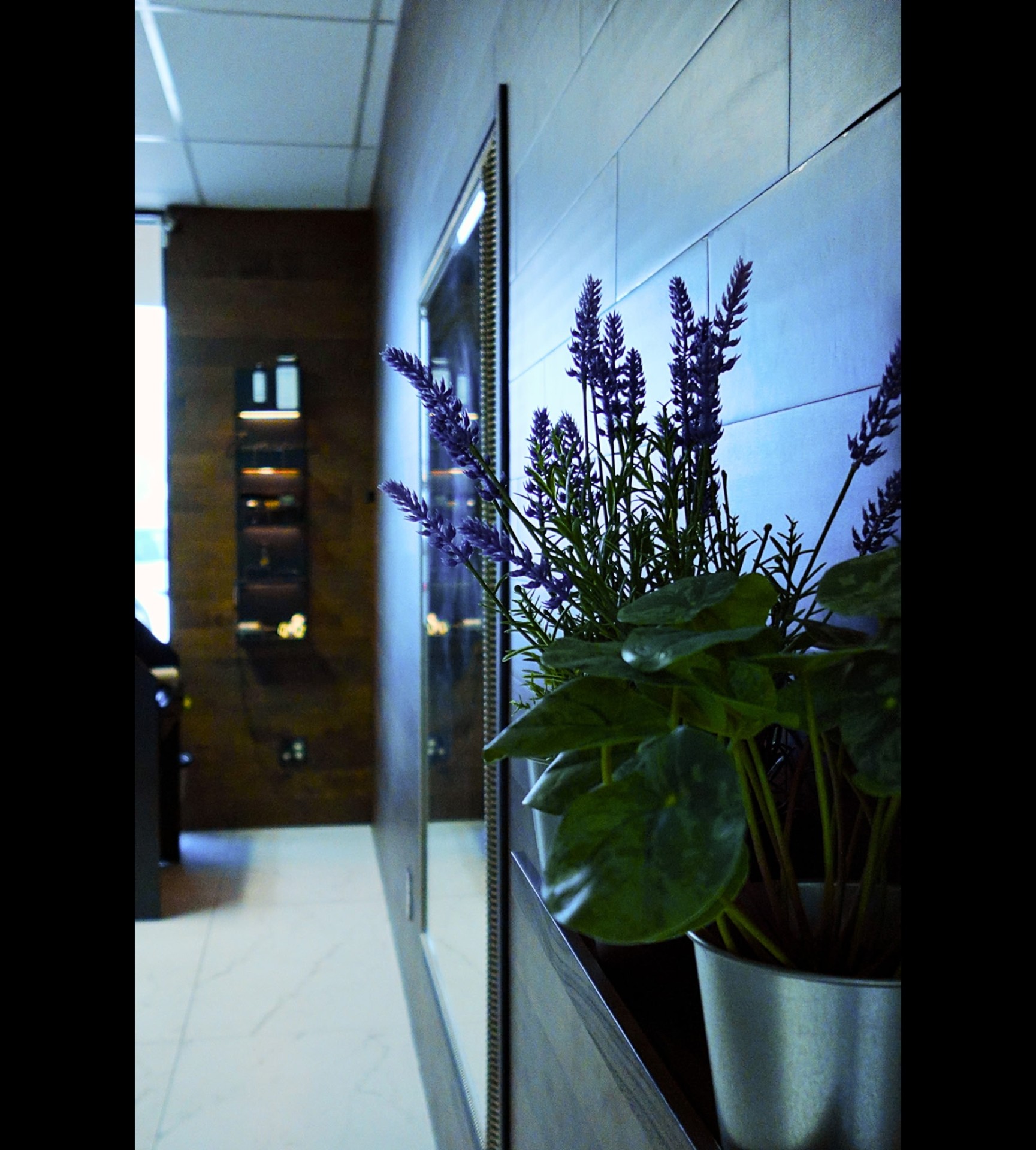 Lavender greenery and a mirrored corridor inside Jumeaux