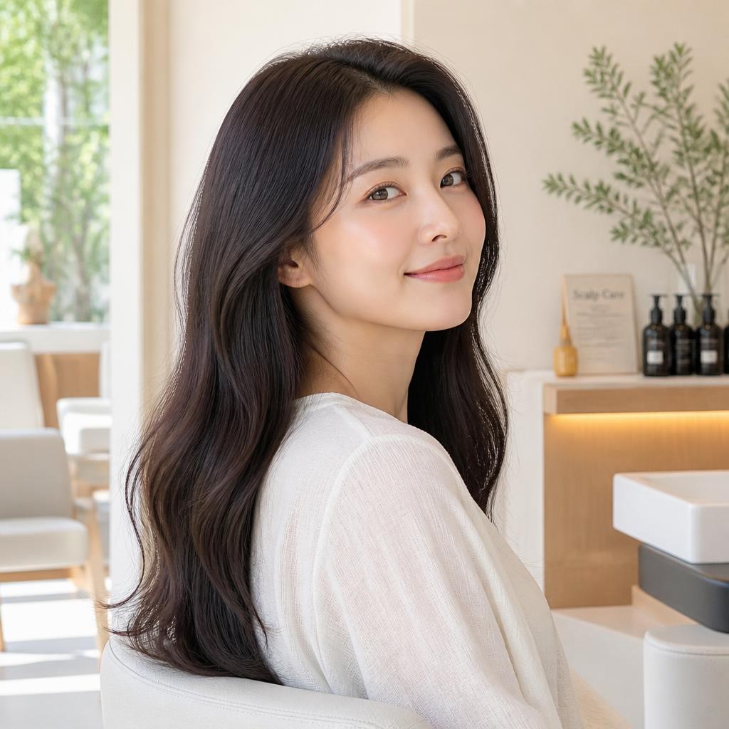 Guest with glossy healthy hair after a scalp care session