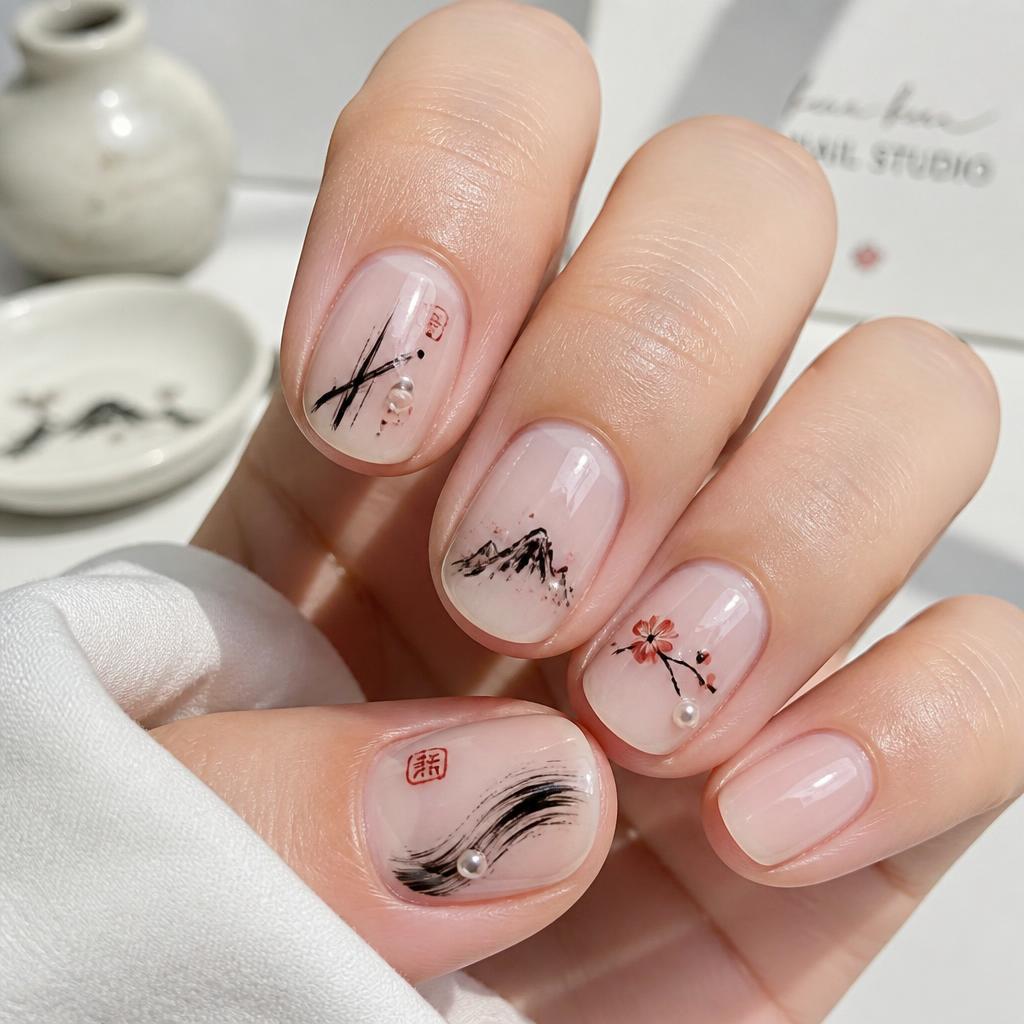 Hand-painted Japanese-inspired nail art with ink brush strokes and pearl details