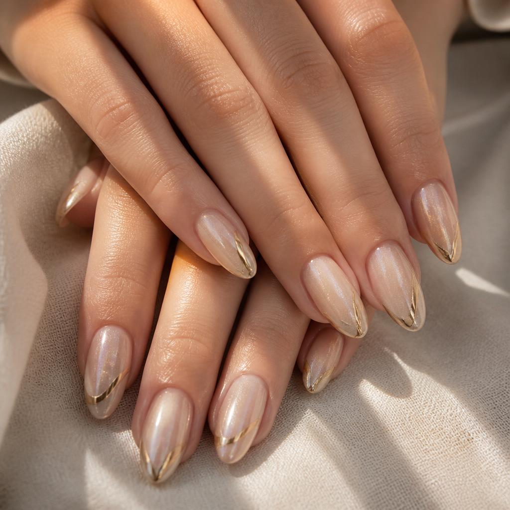 Structured gel almond nails in champagne with gold chrome accents