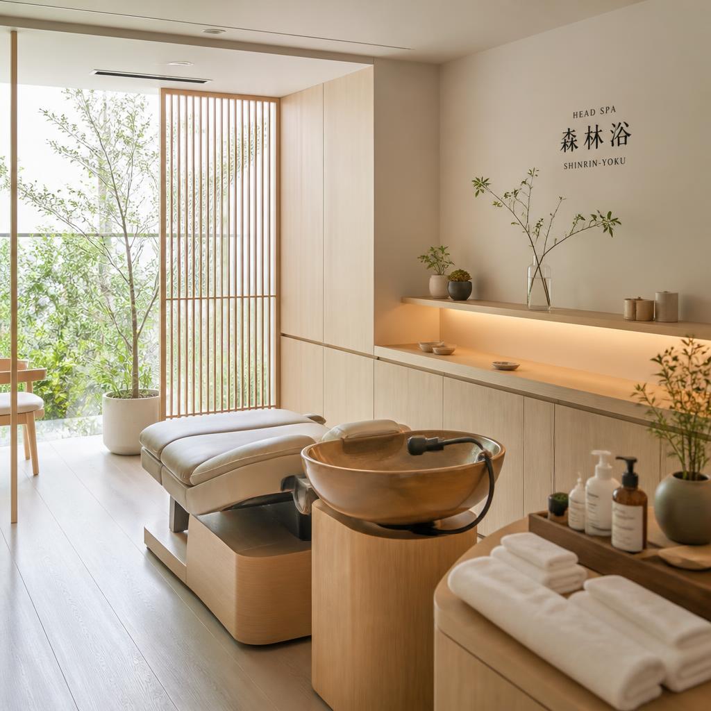 Bright Japanese-inspired scalp care room with pale wood and a ceramic basin