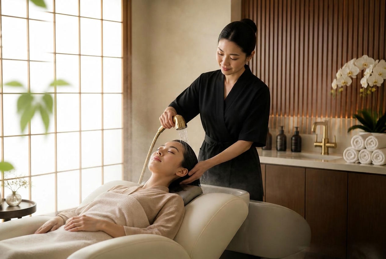 Specialist performing a warm-water scalp rinse on a reclining guest